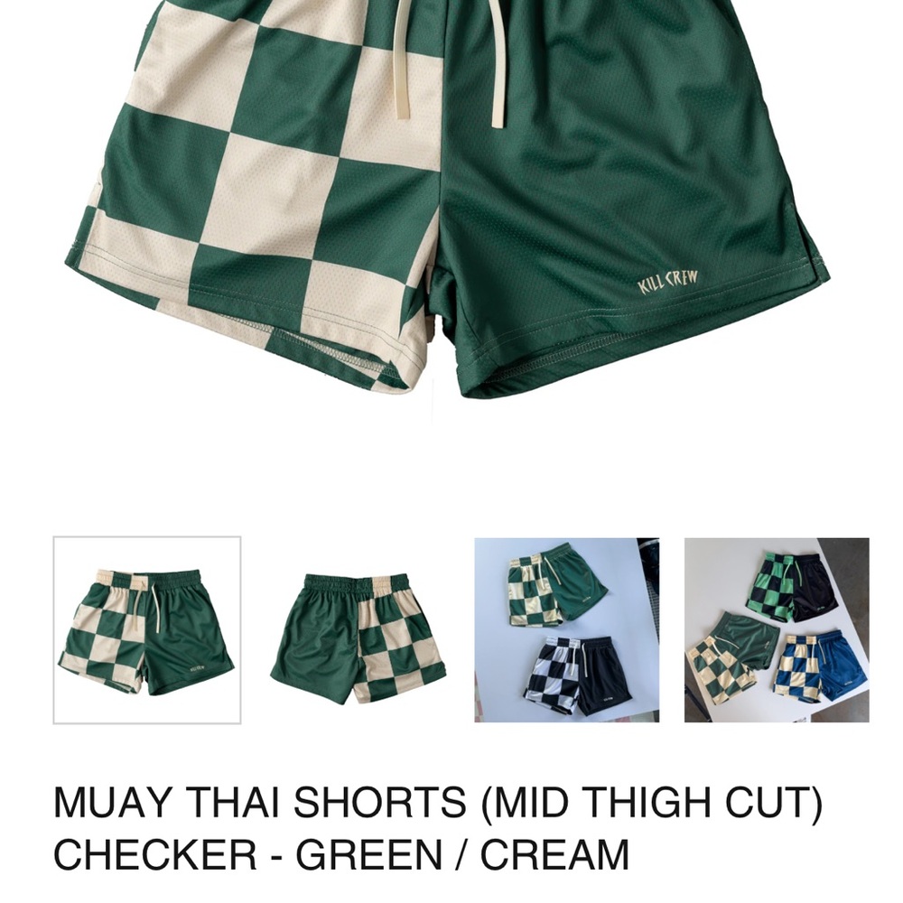 Kill Crew Green + Cream Checker Muay Thai Shorts